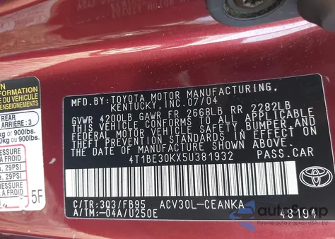 2005 Toyota Camry Le from USA, damaged, VIN 4T1BE30KX5U381932